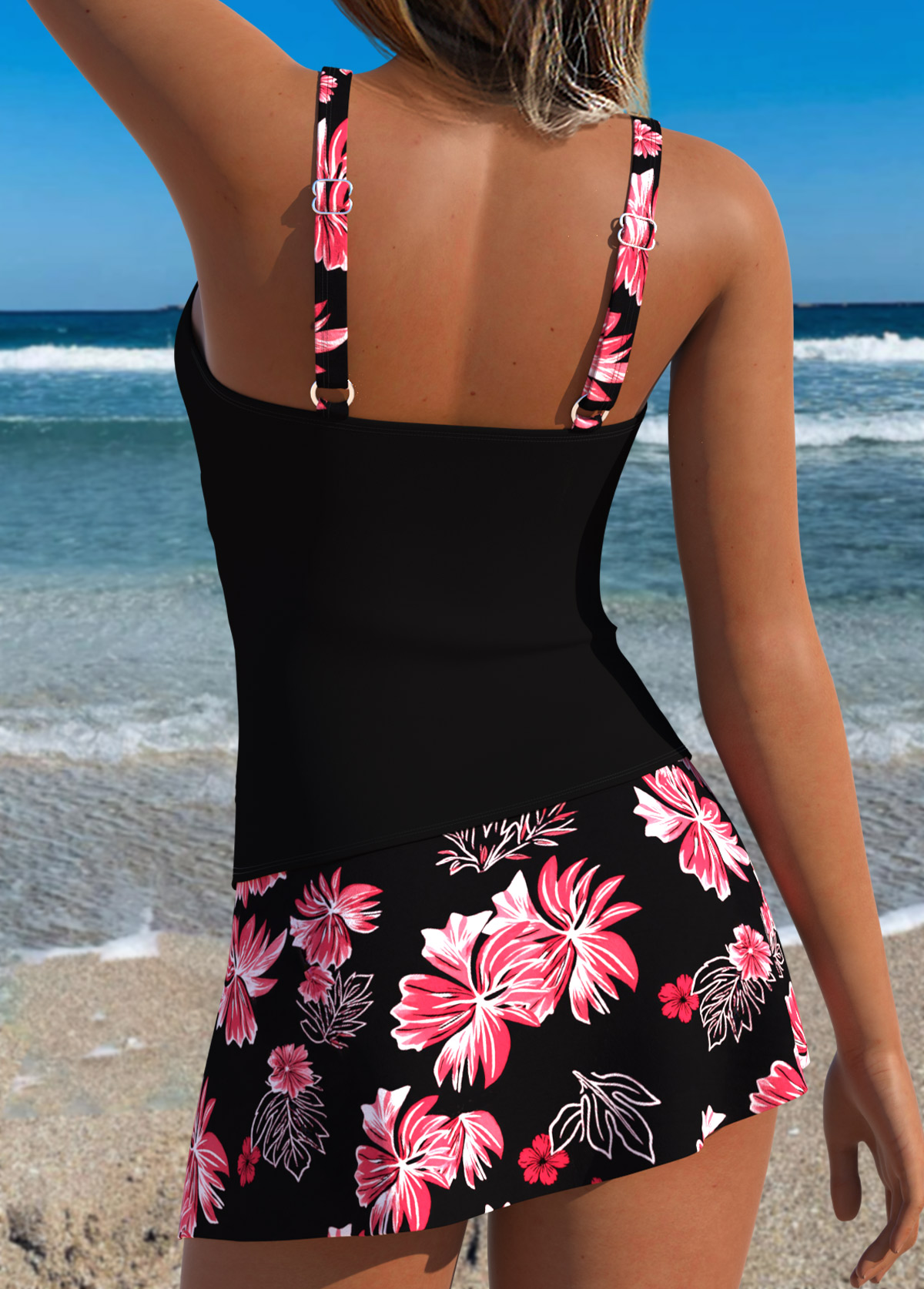 Black Mid Waisted Patchwork Floral Print Tankini Set | picture 