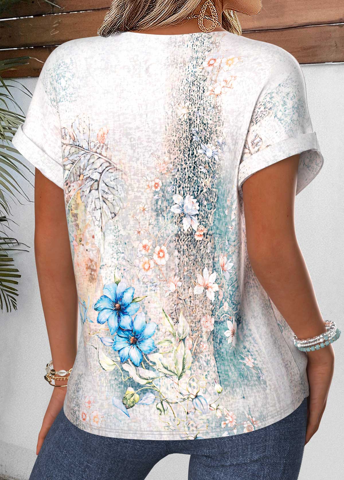 Multi Color Random Floral Print Patchwork Short Sleeve Blouse | picture 