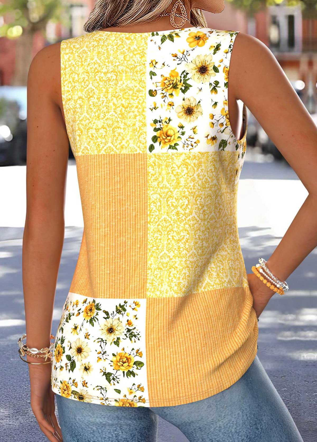 Yellow Geometric Print Curved Hem Sleeveless Tank Top | picture 