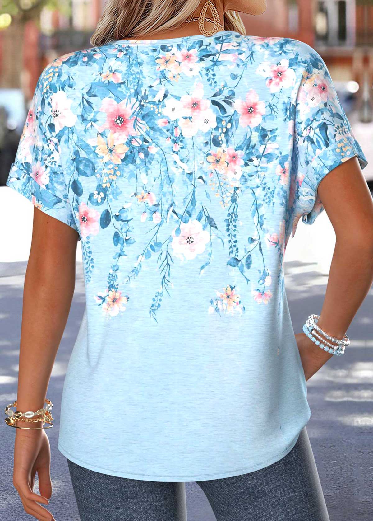 Light Blue Floral Print Tummy Coverage T Shirt | picture 