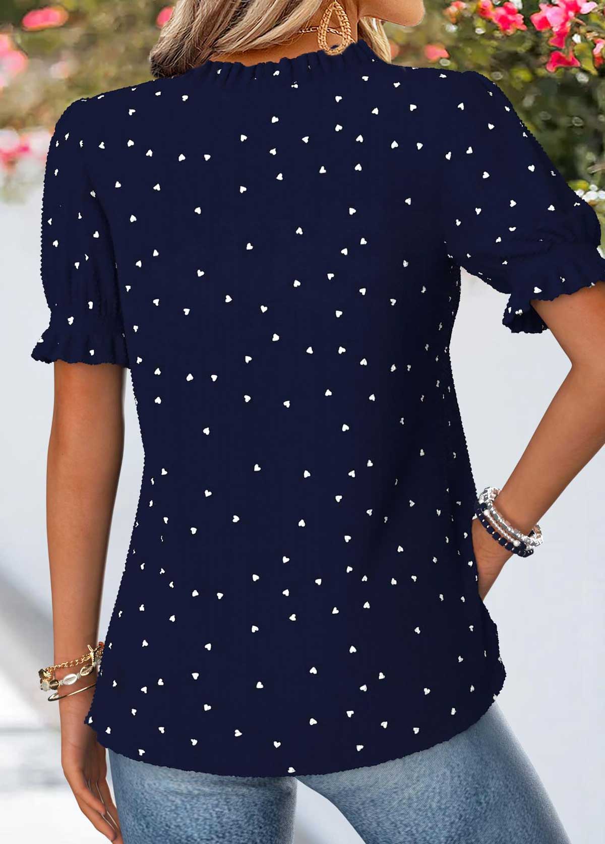 Navy Geometric Print Curved Hem Short Sleeve Blouse | picture 