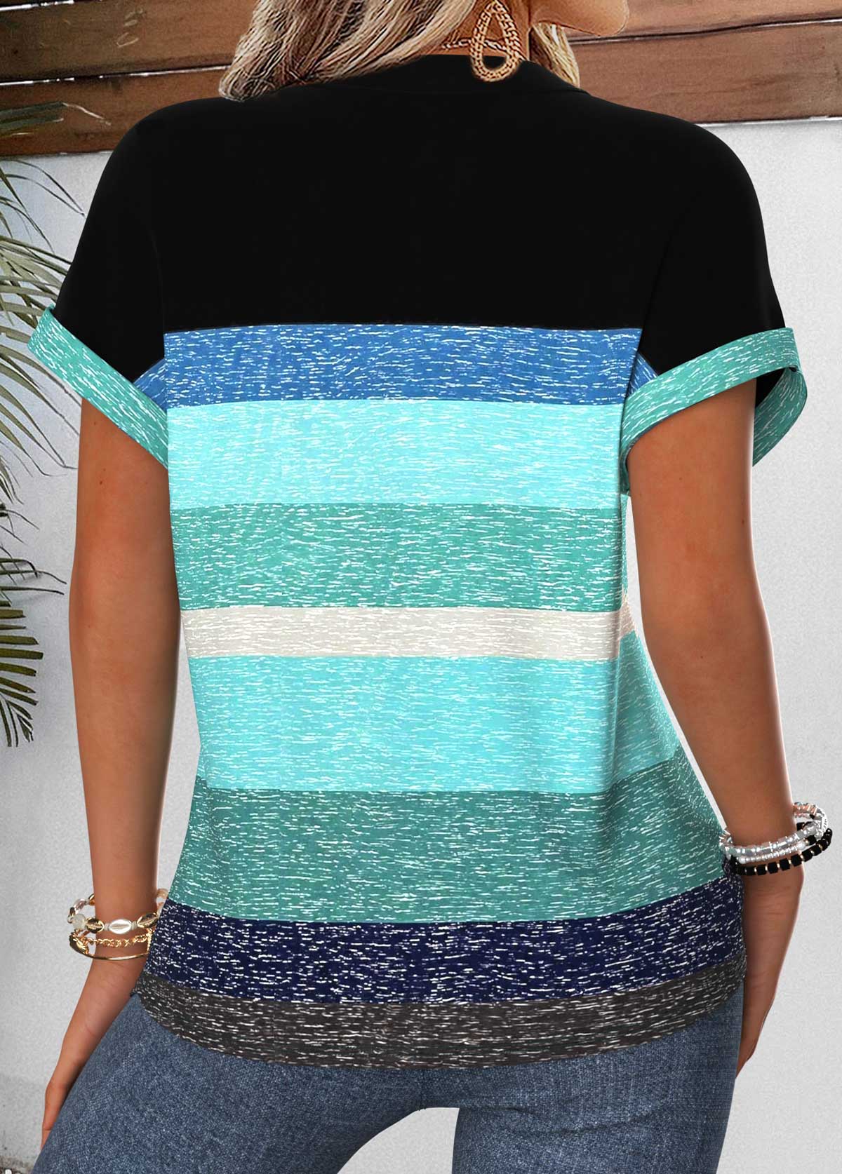 Multi Color Striped Tummy Coverage Short Sleeve Blouse | picture 