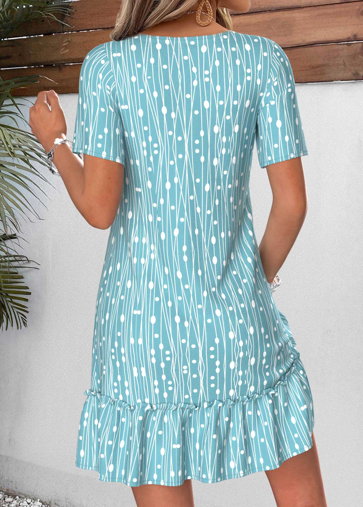 Cyan Geometric Print Short Shirred V Neck Dress | picture 