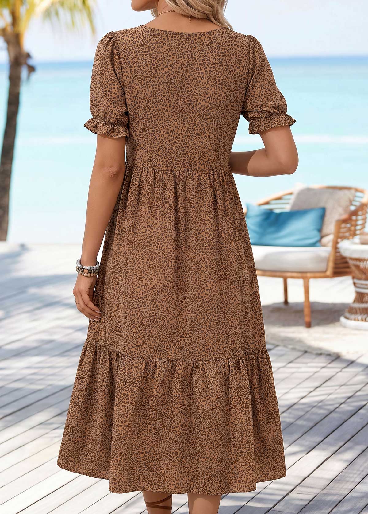 Dark Coffee Leopard Shirred Short Sleeve Scoop Neck Dress | picture 
