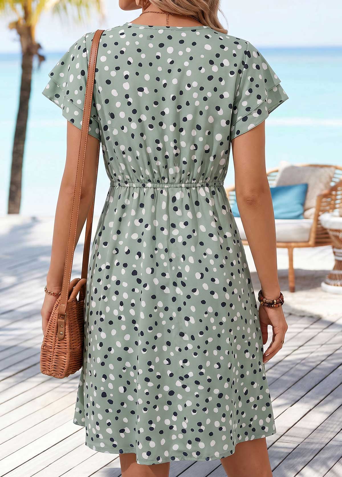 Sage Green Polka Dot Short Shirred V Neck Dress | picture 