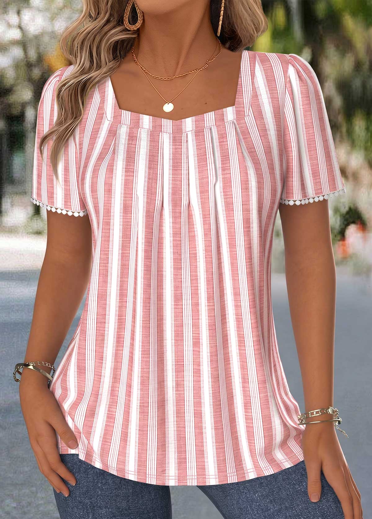 Modlily Pink Striped Pleated Short Sleeve Square Neck T Shirt - L