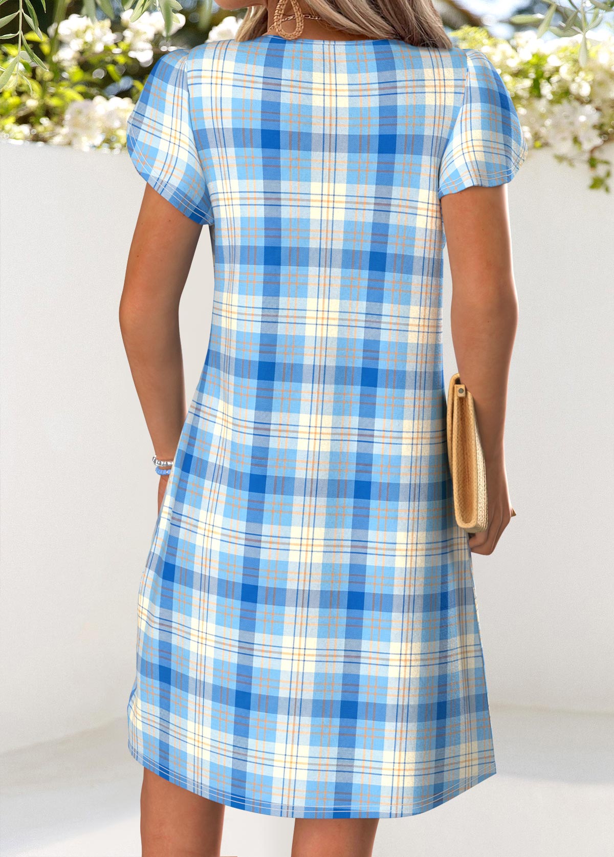 Blue Plaid Short Tuck Stitch Split Neck Dress | picture 