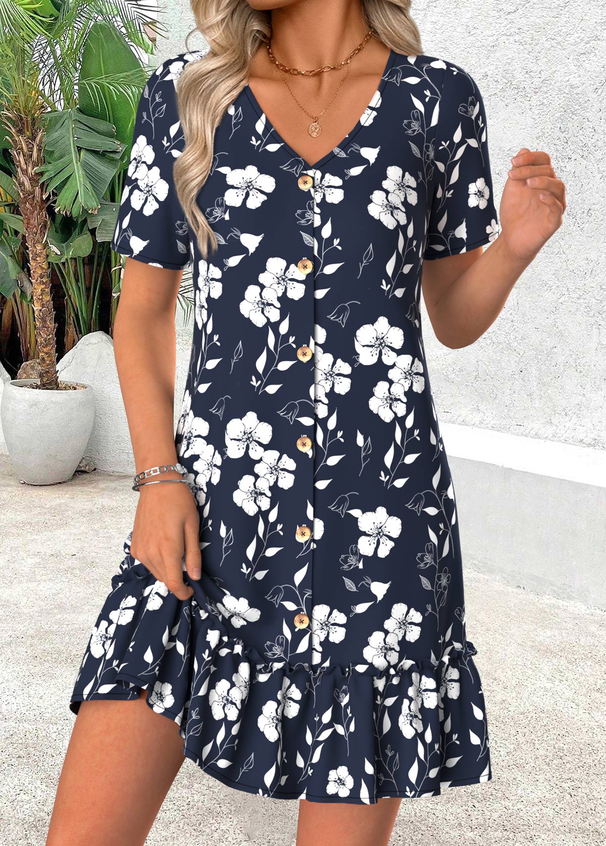 Navy Floral Print Short Tummy Coverage V Neck Dress | picture 