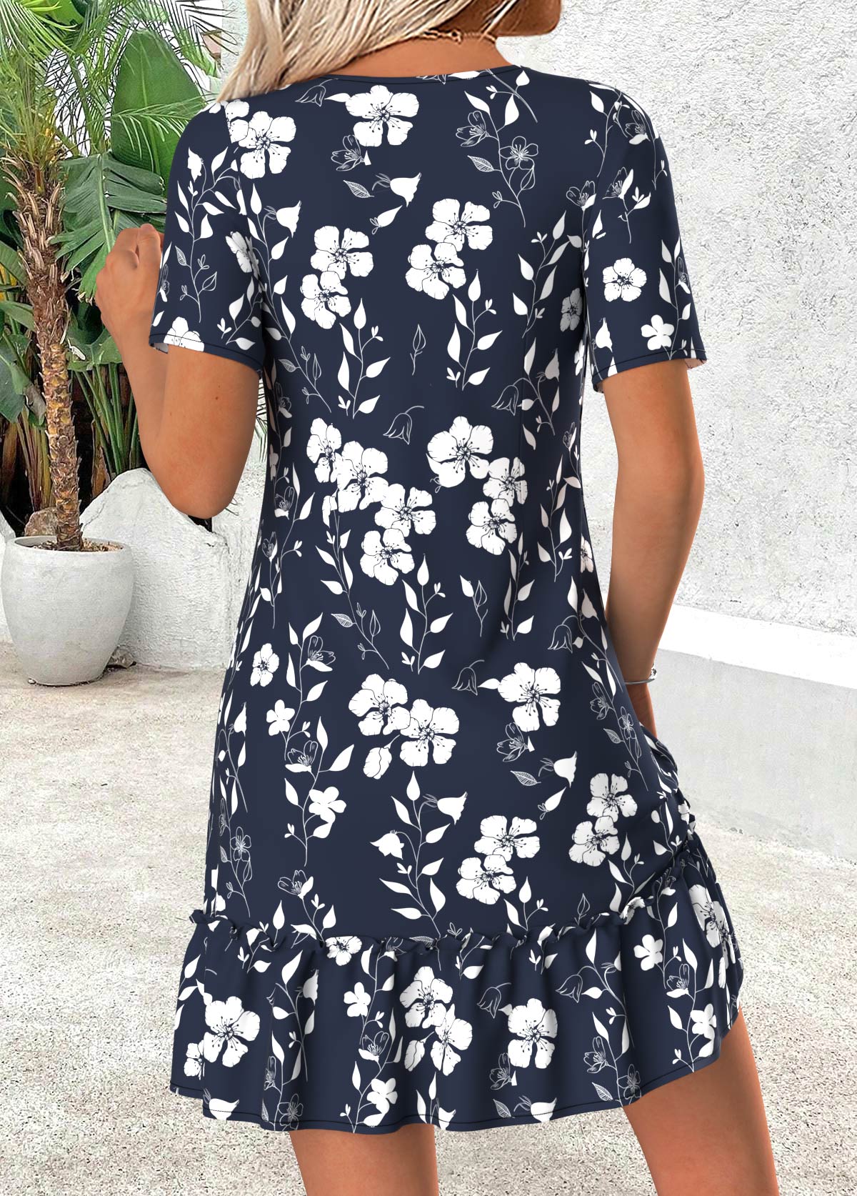 Navy Floral Print Short Tummy Coverage V Neck Dress | picture 