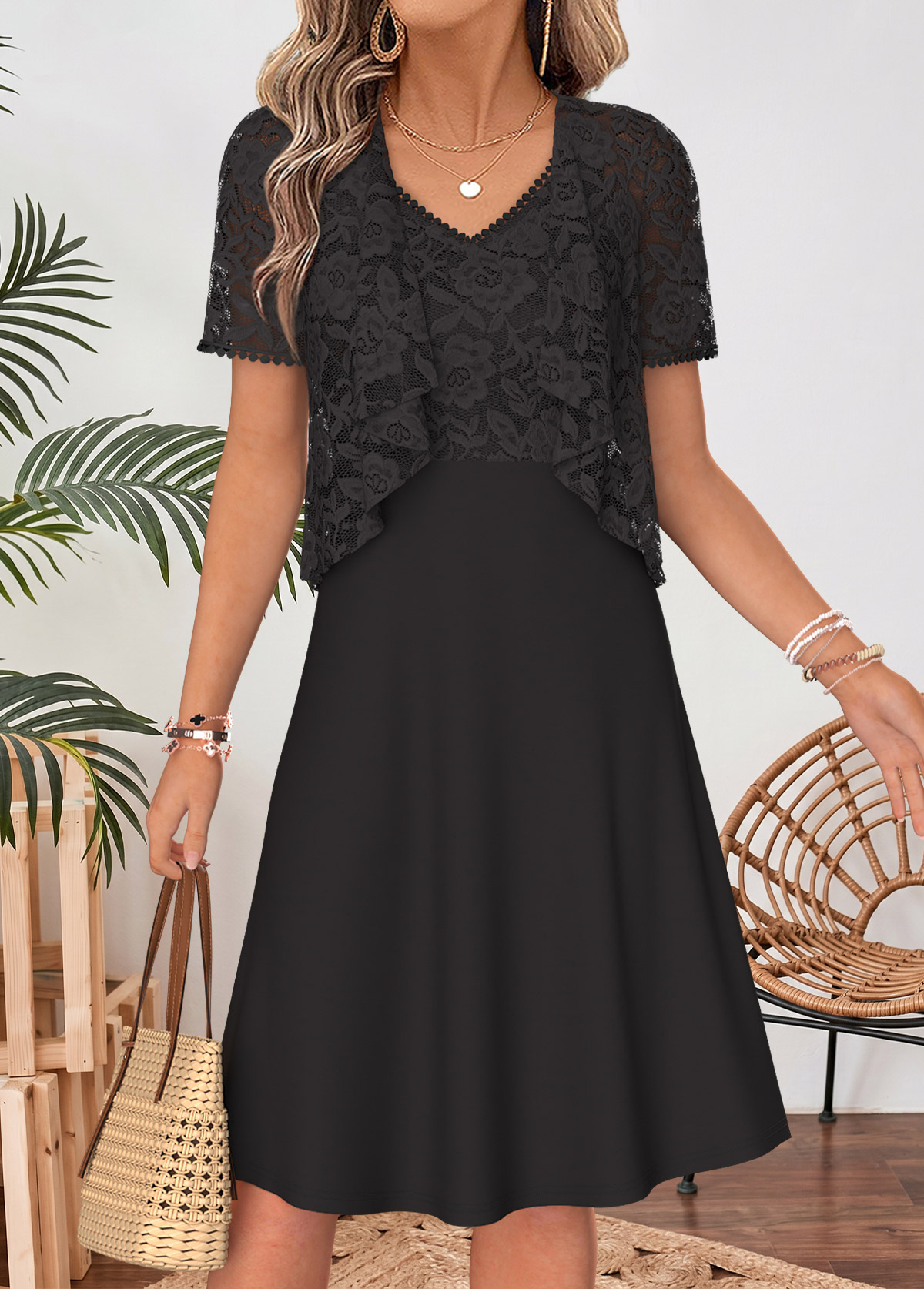 Black Two-piece Short Sleeve V Neck Dress and Cardigan | picture 