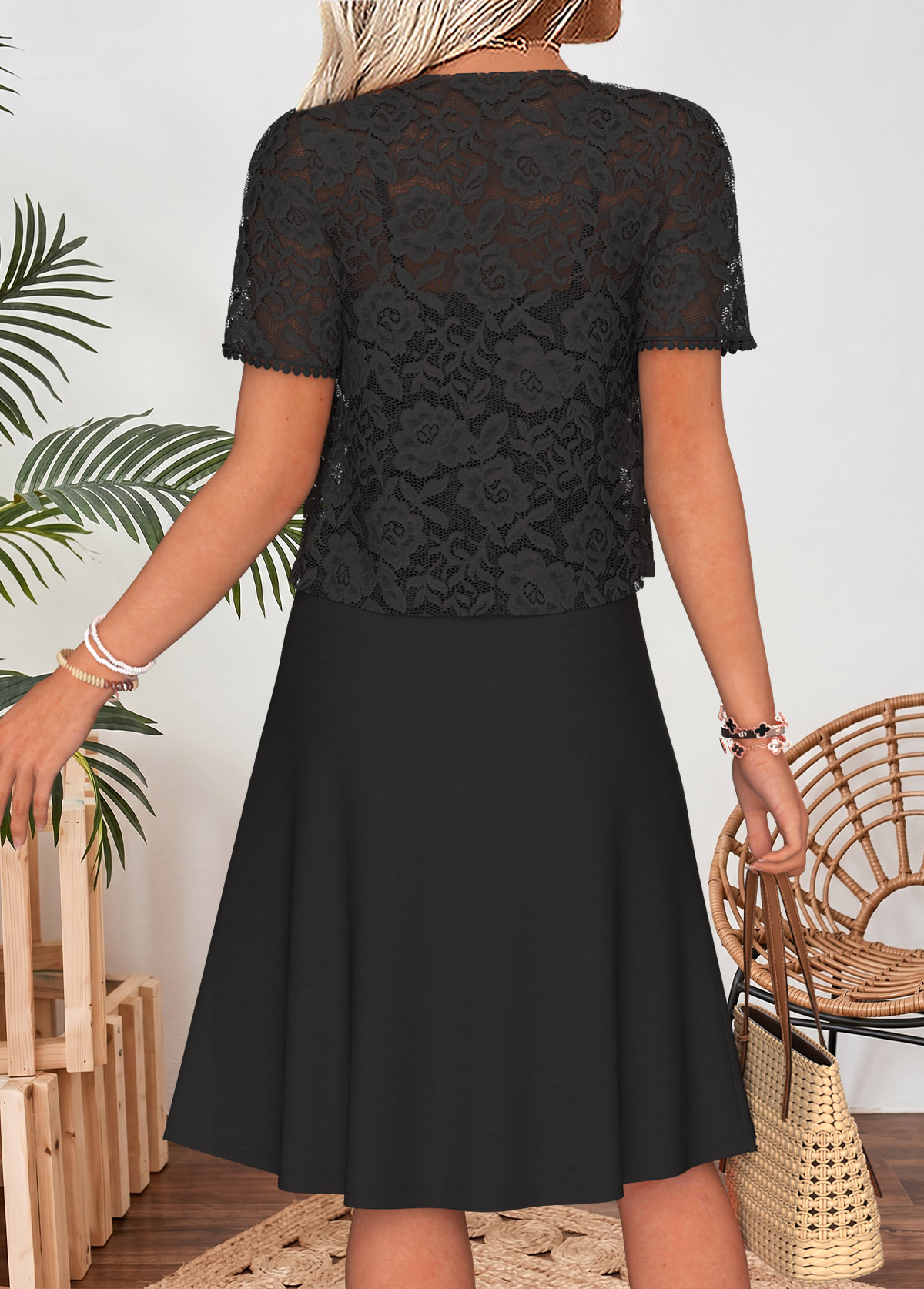 Black Two-piece Short Sleeve V Neck Dress and Cardigan | picture 