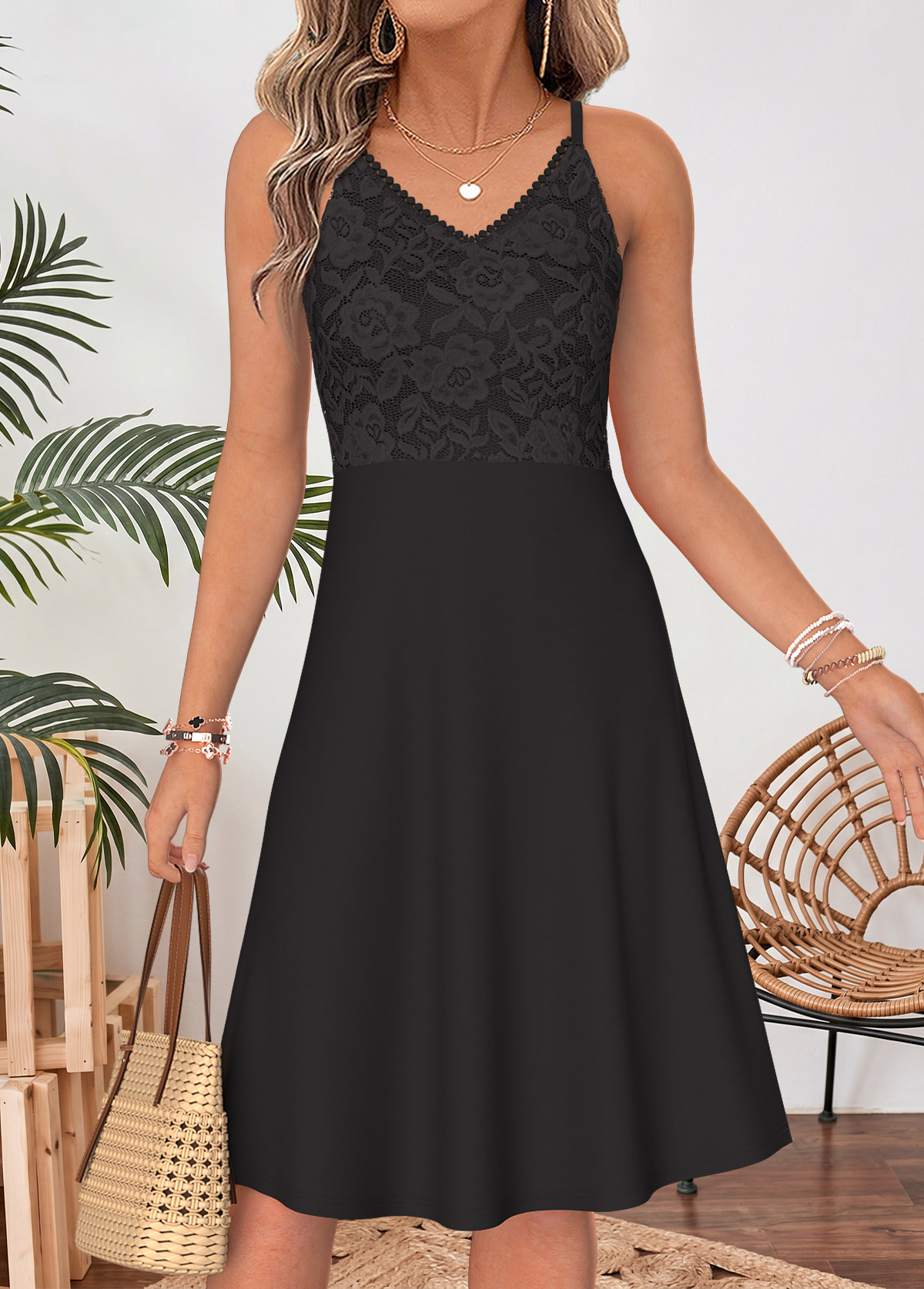 Black Two-piece Short Sleeve V Neck Dress and Cardigan | picture 