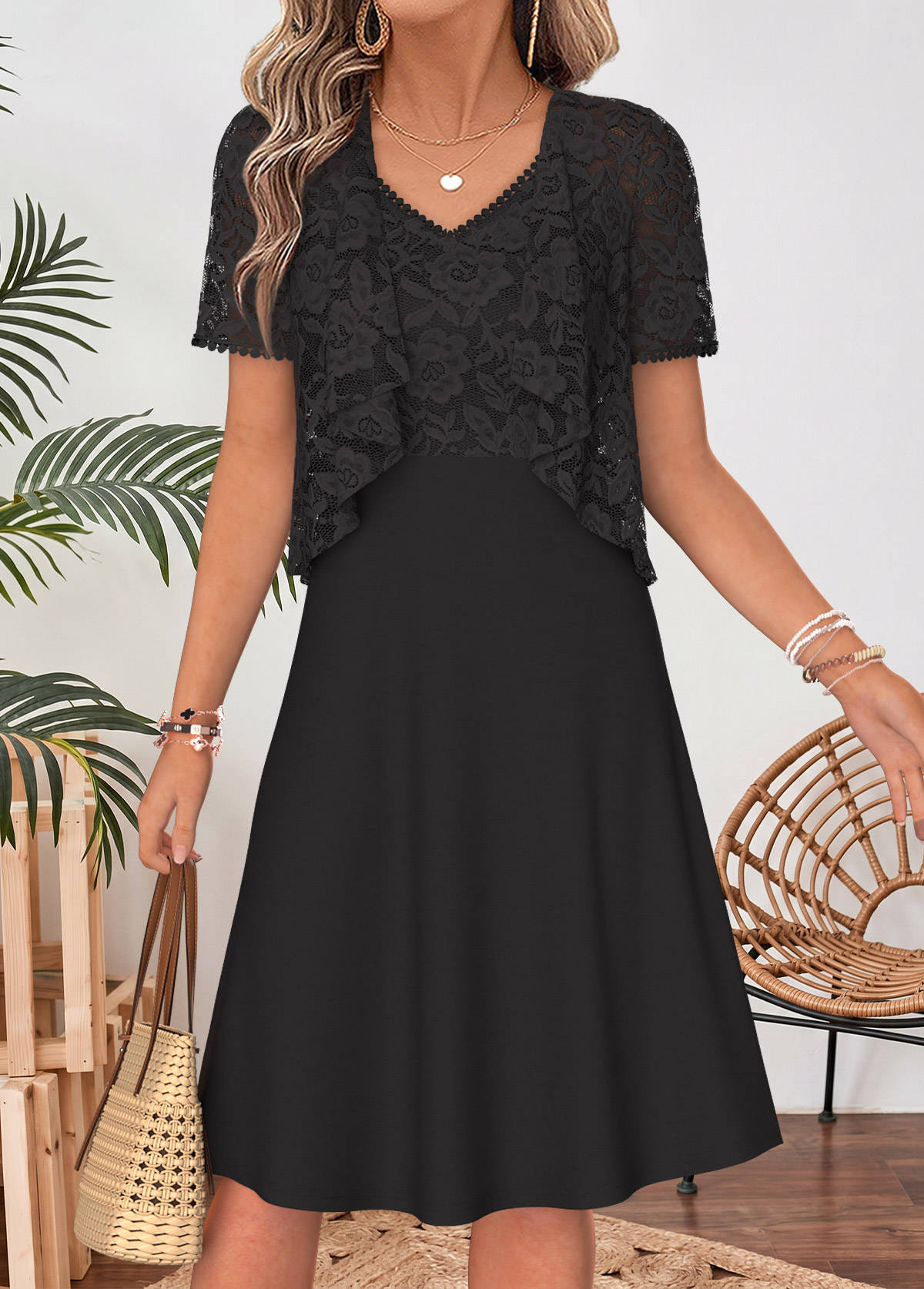 Black Two-piece Short Sleeve V Neck Dress and Cardigan | picture 