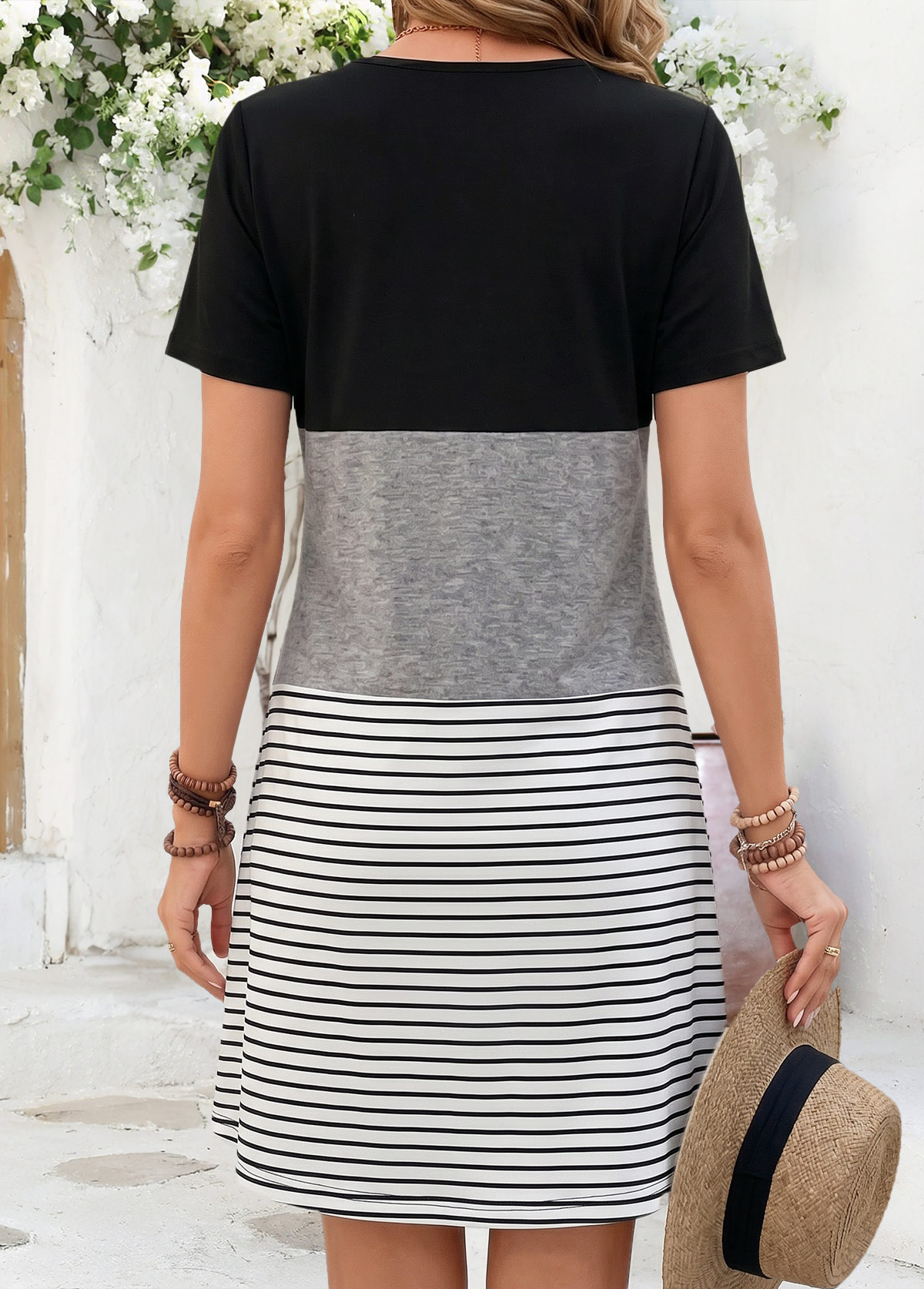 Black Striped Short Patchwork Split Neck Dress | picture 