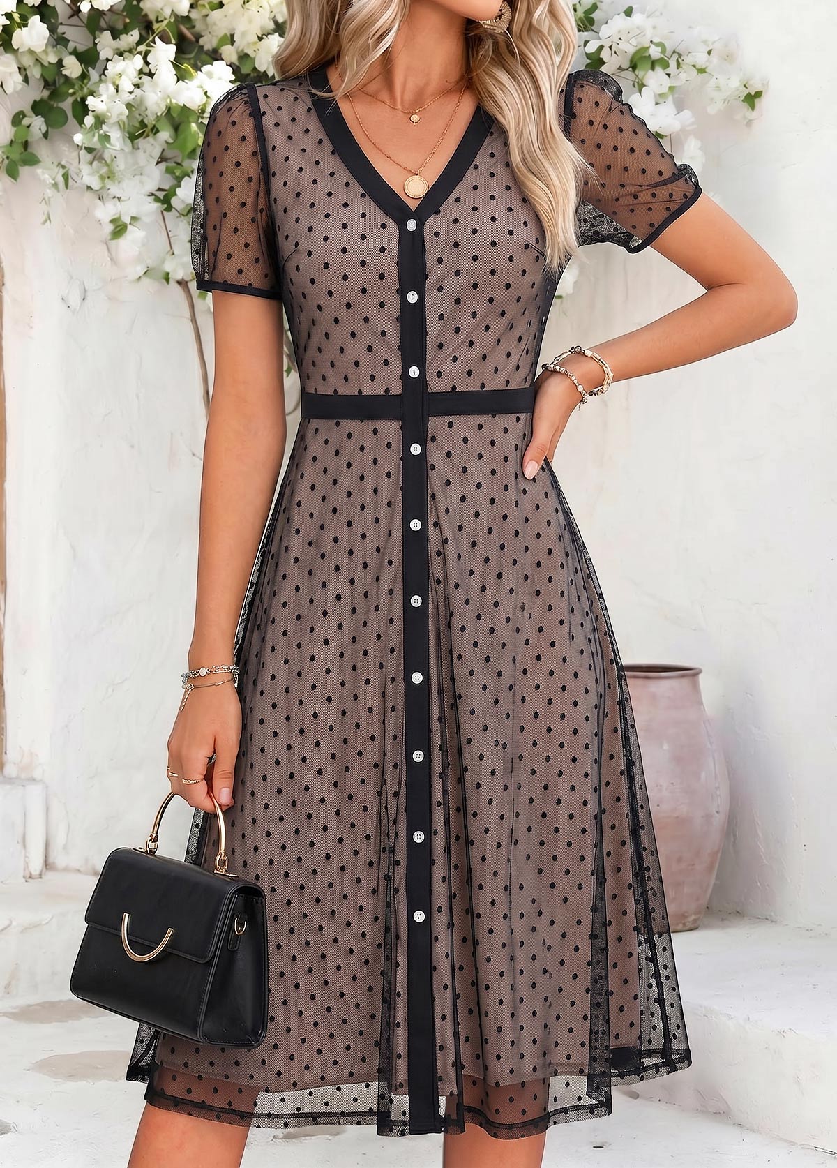 Black Polka Dot Layered Short Sleeve V Neck Dress | picture 