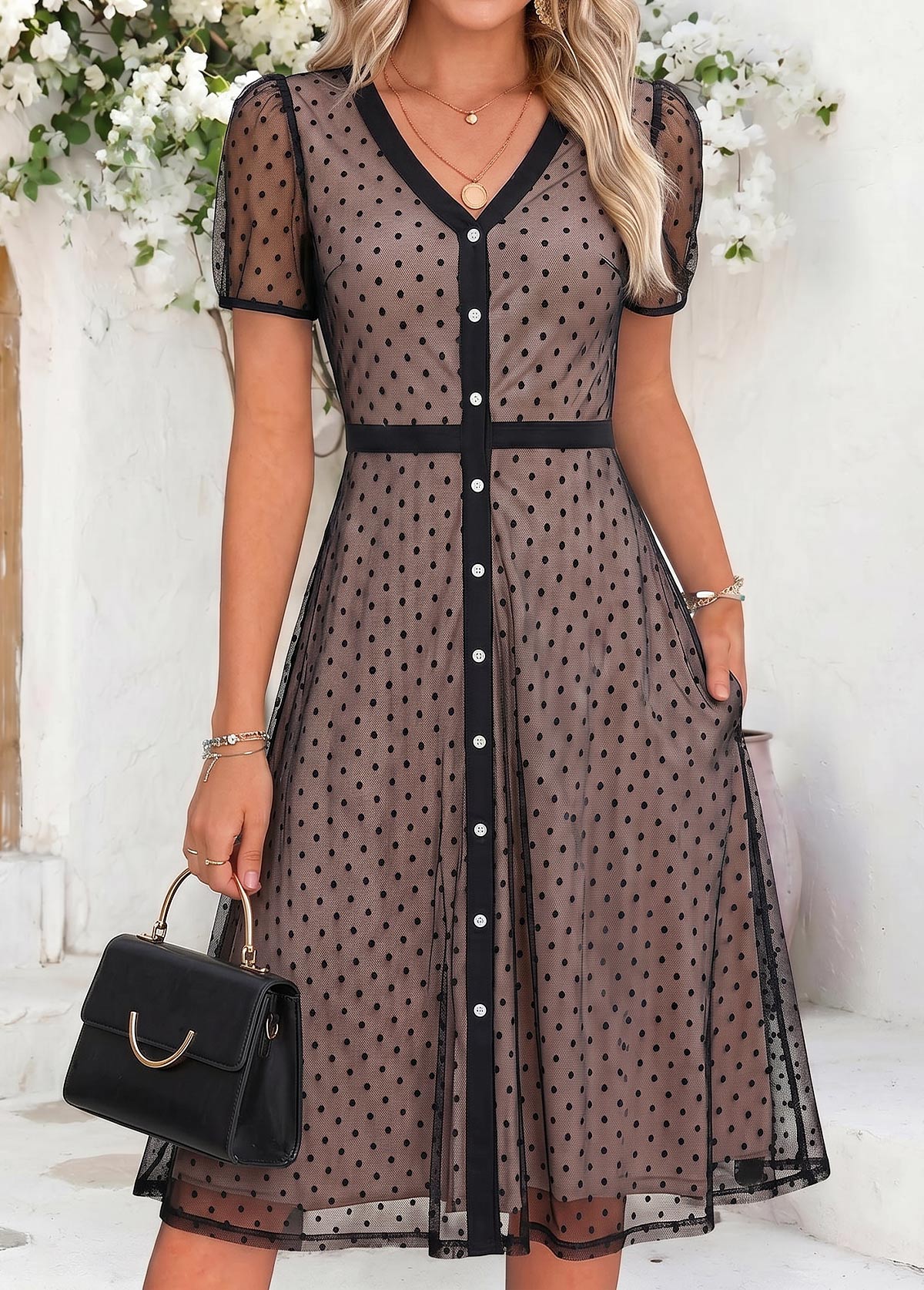 Black Polka Dot Layered Short Sleeve V Neck Dress | picture 