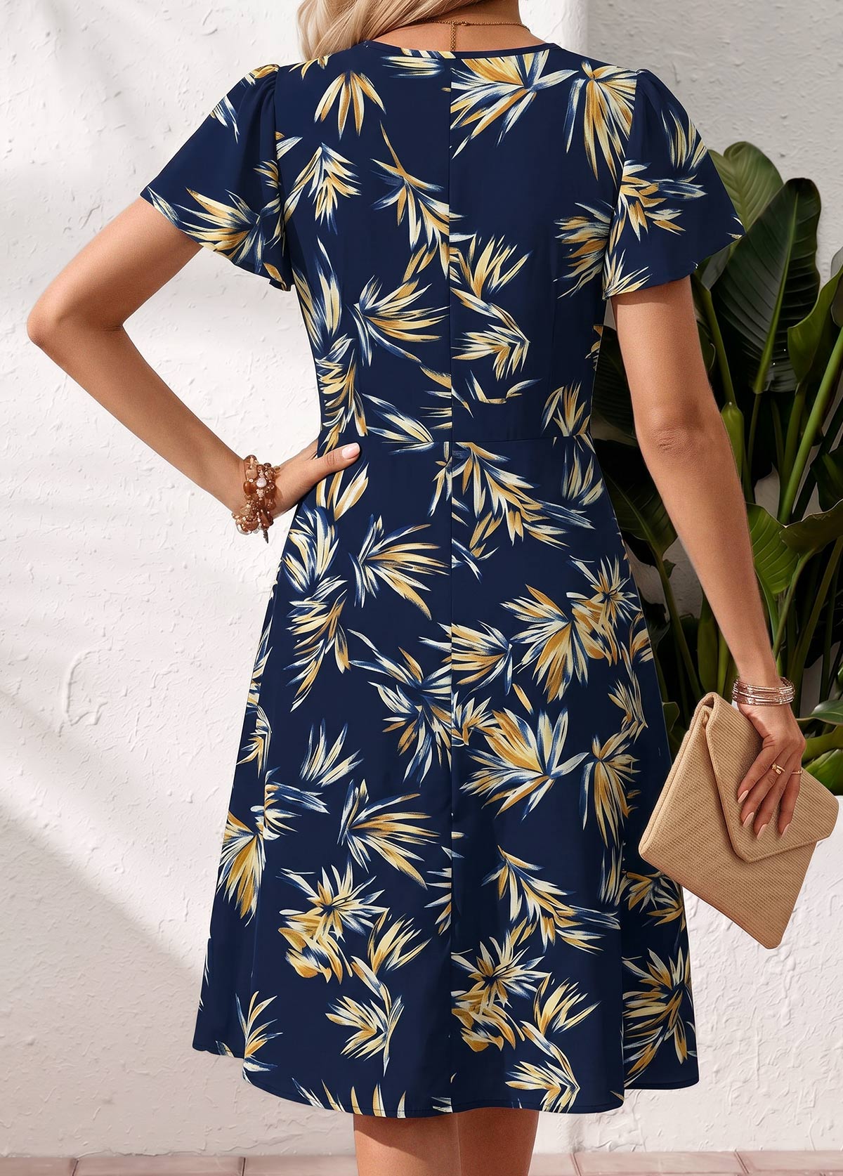Navy Leaf Print Tummy Coverage Short Sleeve Dress | picture 