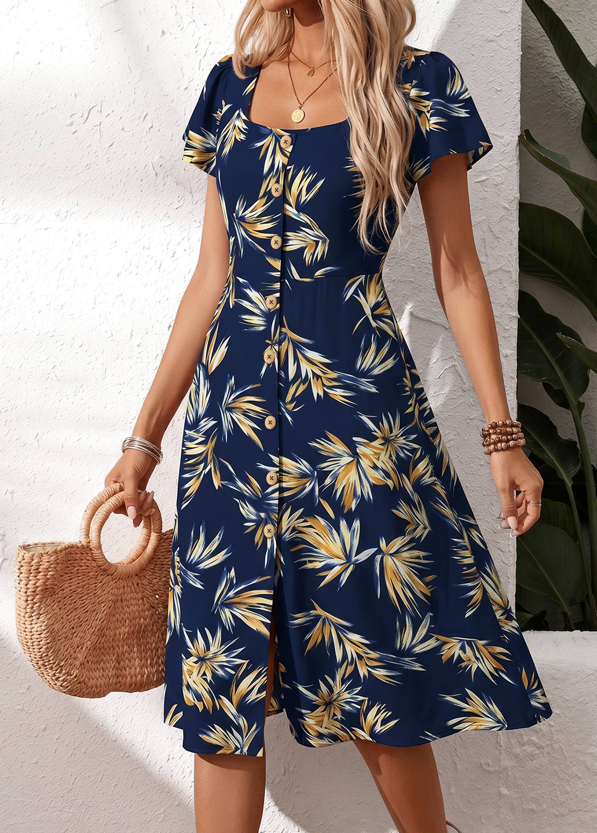 Navy Leaf Print Tummy Coverage Short Sleeve Dress | picture 