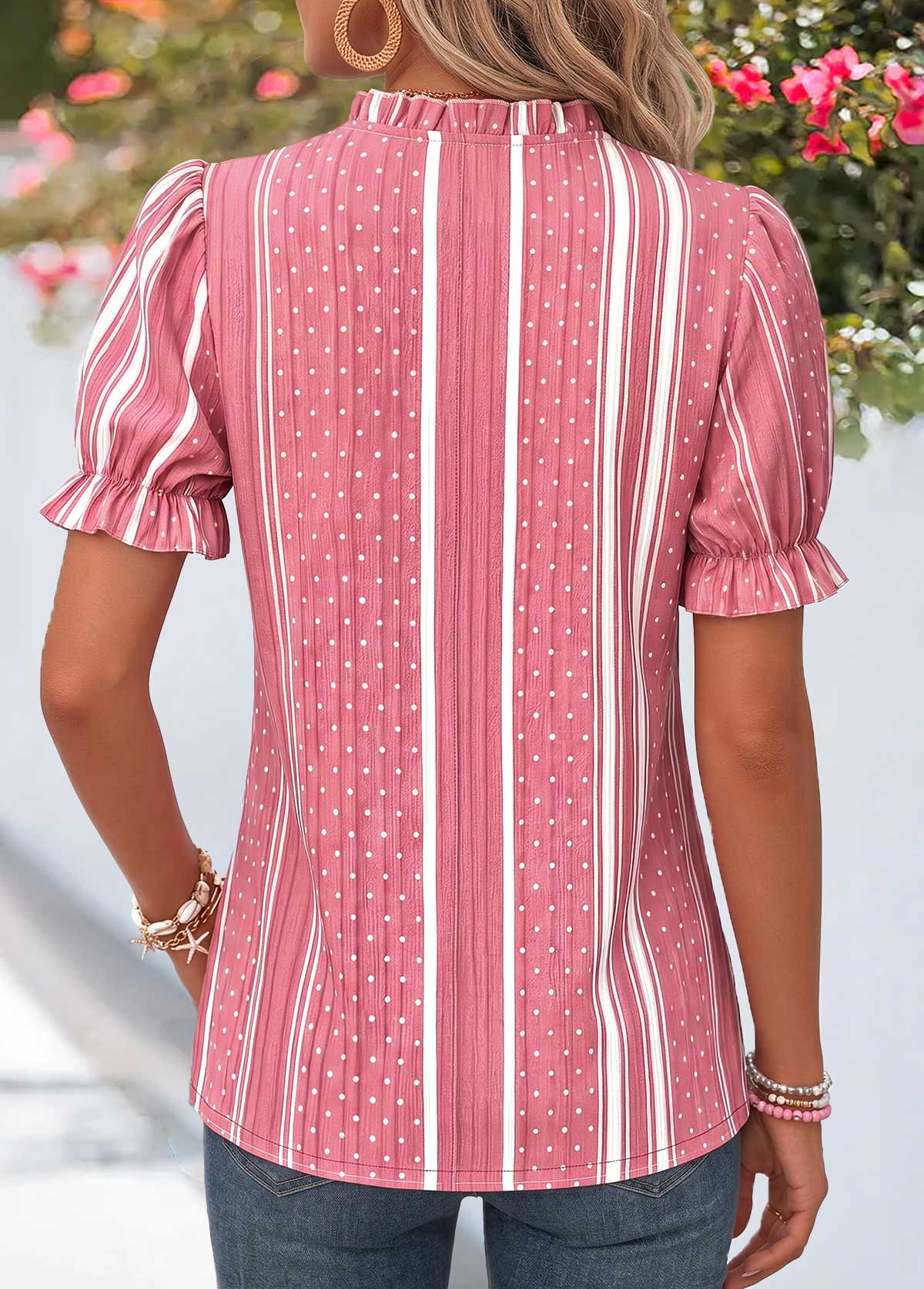 Pink Geometric Print Ruffle Short Sleeve Split Neck Blouse | picture 