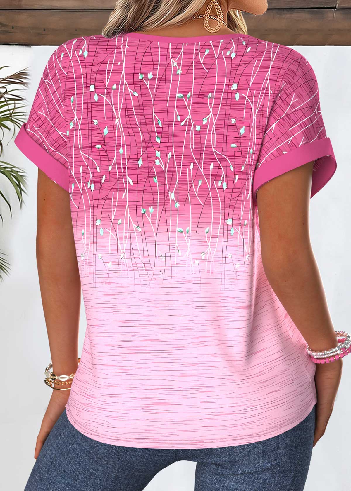 Pink Ombre Tummy Coverage Short Sleeve Split Neck Blouse | picture 