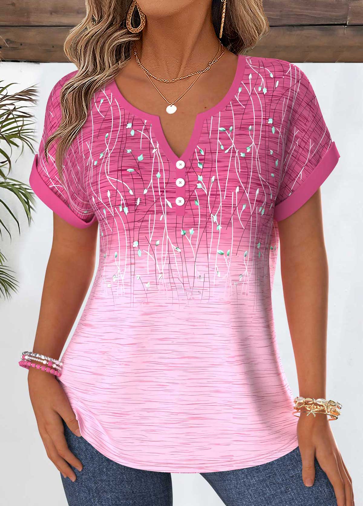 Pink Ombre Tummy Coverage Short Sleeve Split Neck Blouse | picture 