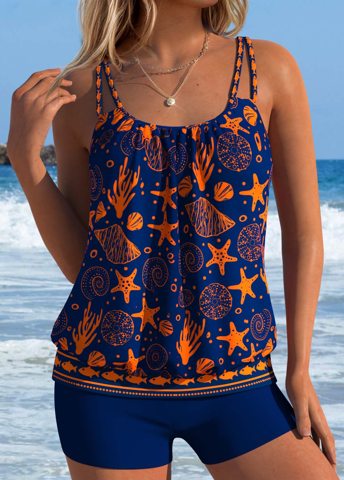 Navy Mid Waisted Blouson Marine Life Print Tankini Set | picture 