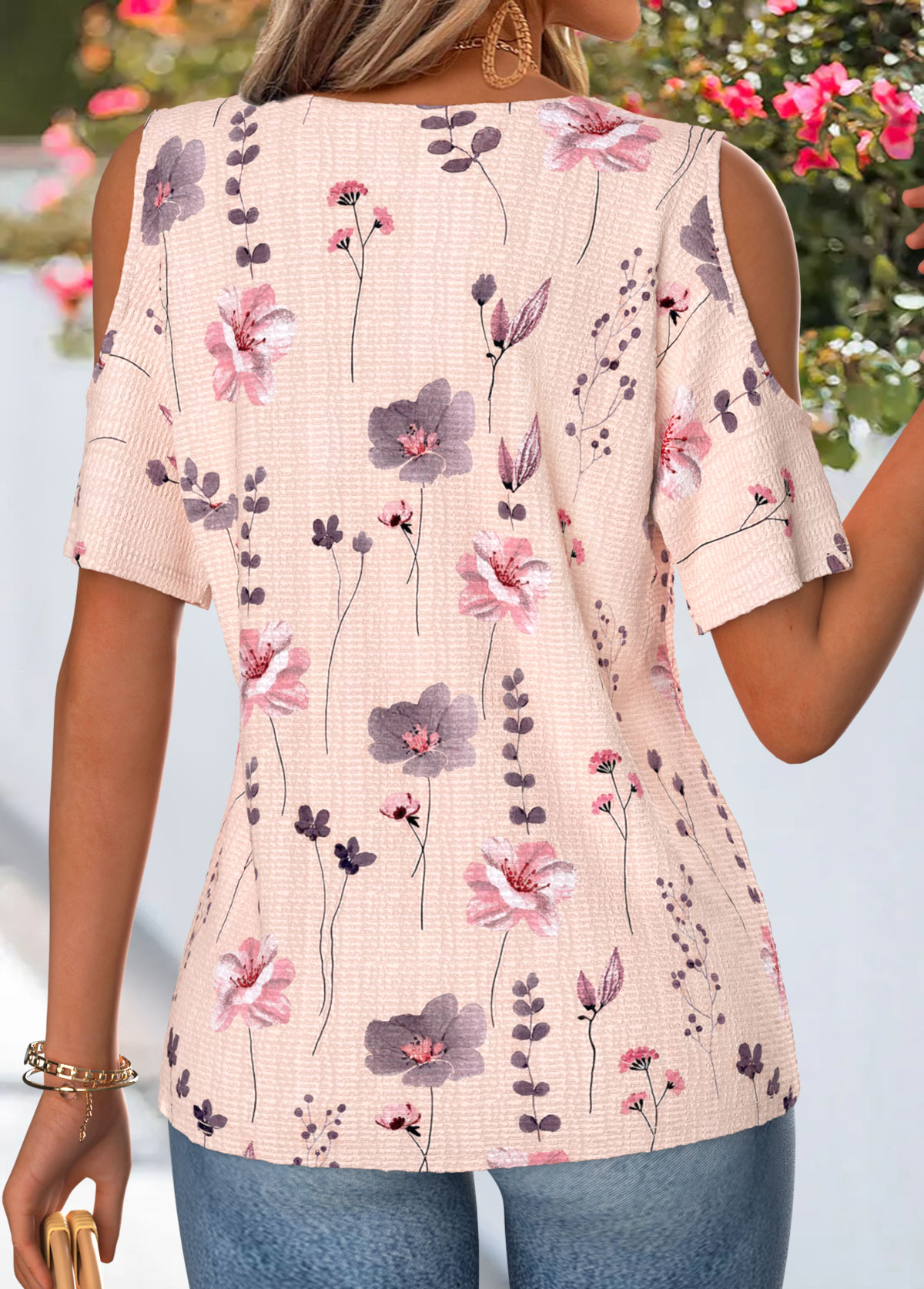 Pink Floral Print Surplice Short Sleeve T Shirt | picture 