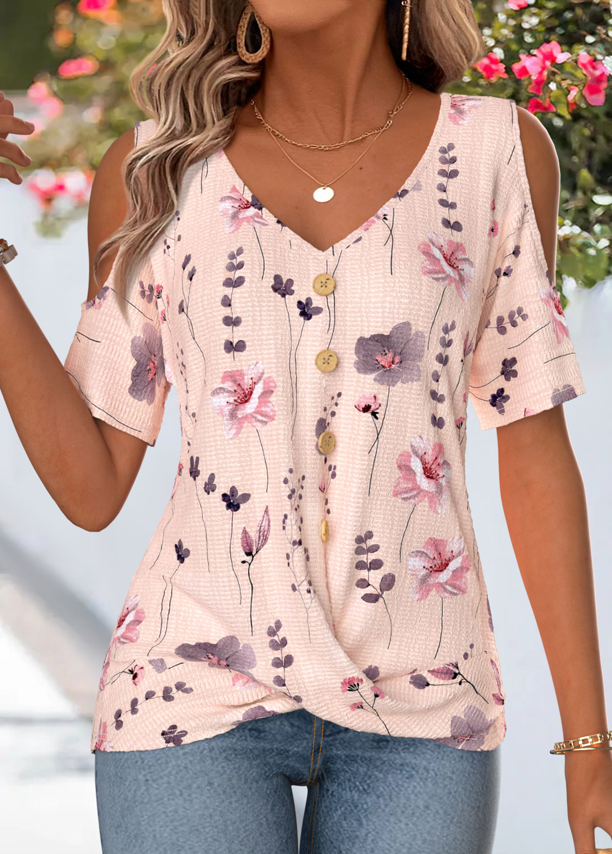 Pink Floral Print Surplice Short Sleeve T Shirt | picture 