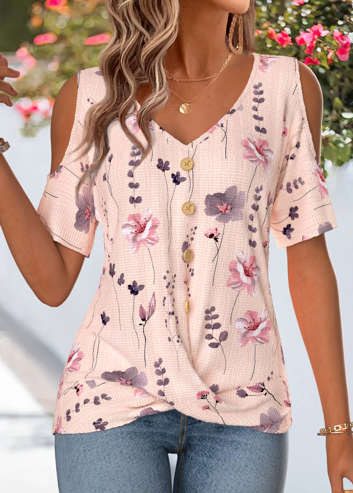 Pink Floral Print Surplice Short Sleeve T Shirt | picture 