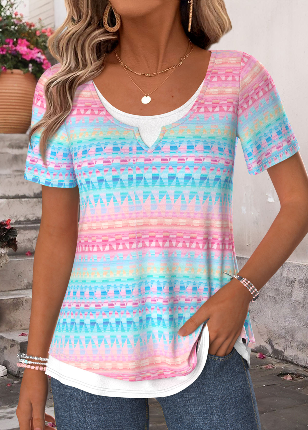 Multi Color Geometric Print Fake 2in1 T Shirt | picture 