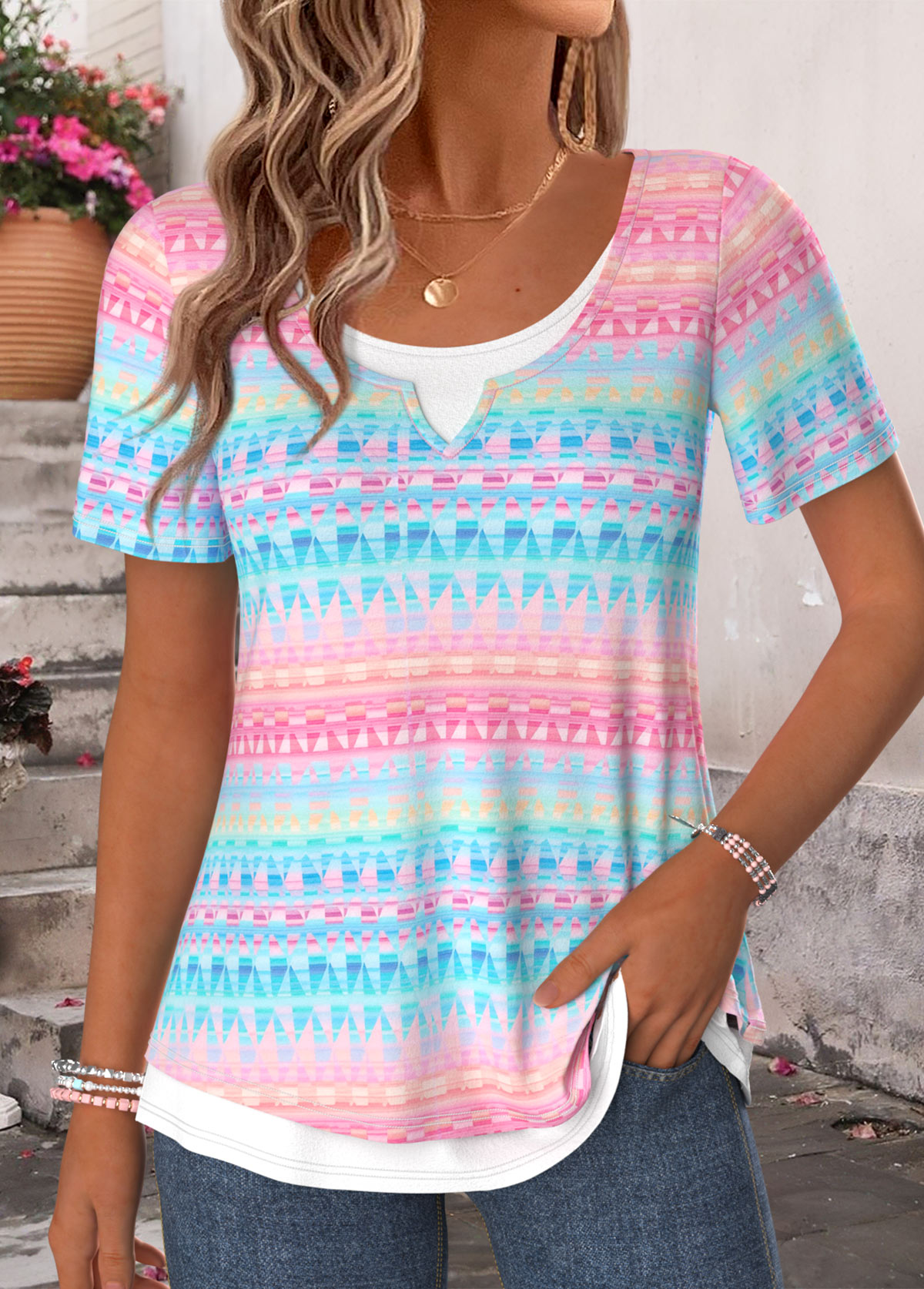 Multi Color Geometric Print Fake 2in1 T Shirt | picture 