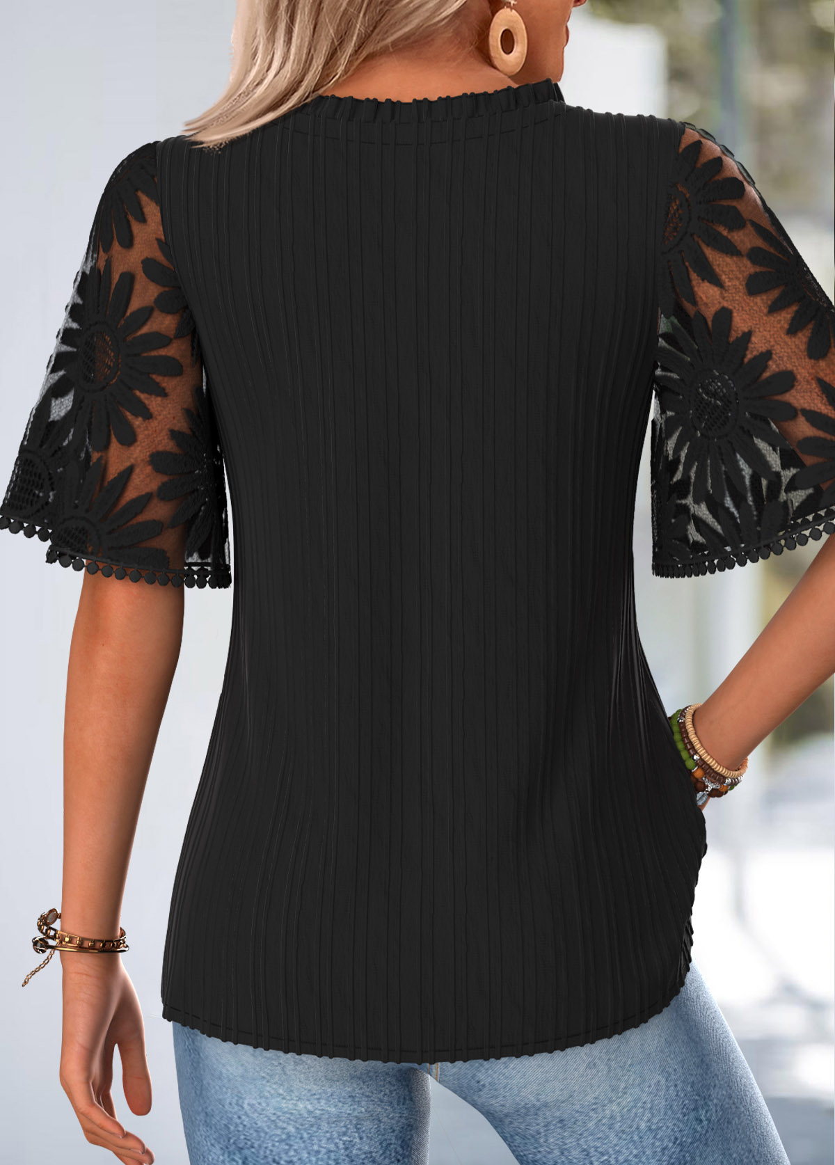 Black Ruffle Half Sleeve Split Neck T Shirt | picture 