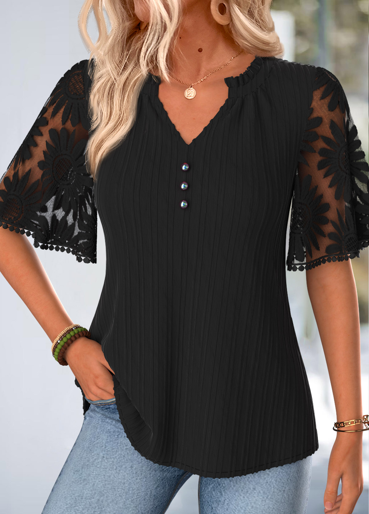 Black Ruffle Half Sleeve Split Neck T Shirt | picture 