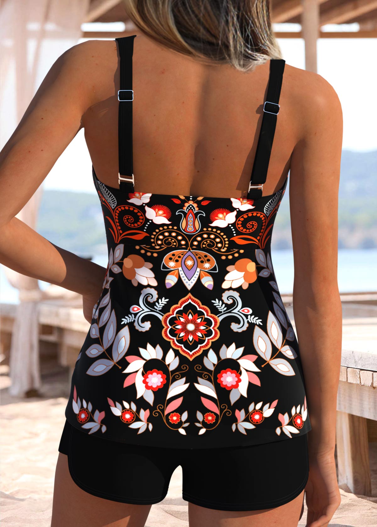 Black Mid Waisted Patchwork Random Floral Print Tankini Top-No Bottom | picture 