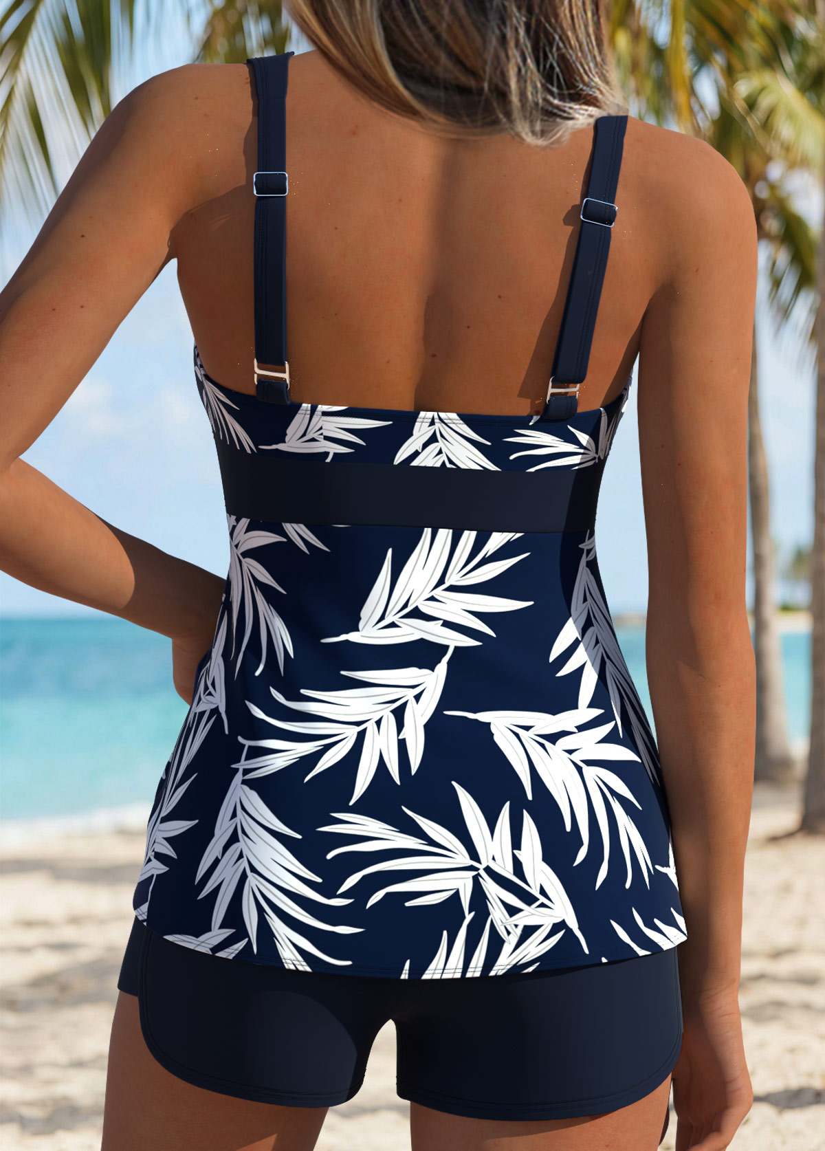Navy Patchwork Leaf Print Tankini Top-No Bottom | picture 