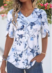 Light Blue Ruffle Leaf Print 3/4 Sleeve Blouse