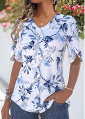 Light Blue Ruffle Leaf Print 3/4 Sleeve Blouse | thumb picture 