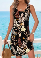 Black Tummy Coverage Leaf Print Short Sleeveless Dress