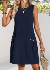 Navy Double Side Pockets Short Sleeveless Round Neck Dress