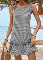 Black Tummy Coverage Plaid Short Sleeveless Round Neck Dress