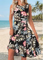 White Floral Print Shirred Sleeveless Round Neck Dress | thumb picture 