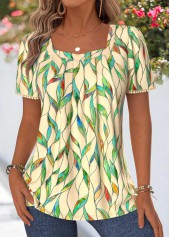Multi Color Leaf Print Pleated Short Sleeve T Shirt