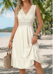 Beige Shirred Sleeveless V Neck Dress