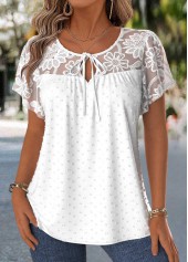 Raw White Patchwork Short Sleeve Round Neck Blouse