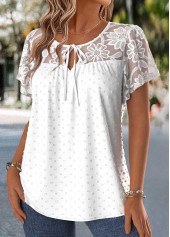 Raw White Patchwork Short Sleeve Round Neck Blouse | thumb picture 