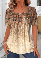 Light Coffee Tribal Print Patchwork Short Sleeve T Shirt