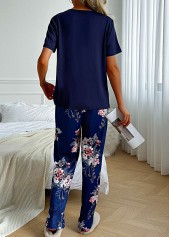 Navy Floral Print Short Sleeve Lounge Top and Pants | thumb picture 
