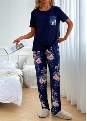 Navy Floral Print Short Sleeve Lounge Top and Pants | thumb picture 