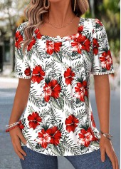 White Floral Print Shirred Short Sleeve T Shirt