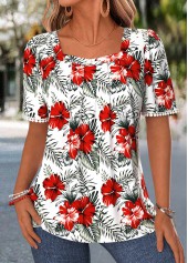 White Floral Print Shirred Short Sleeve T Shirt | thumb picture 
